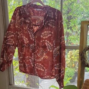 Dark Floral Patterned Fairygrunge  Blouse in Rust and Cream Wonens Size M